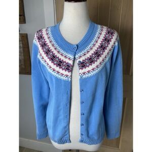 VTG IZOD Women's Cardigan Sweater Size M Blue Button Up Cable Knit EUC